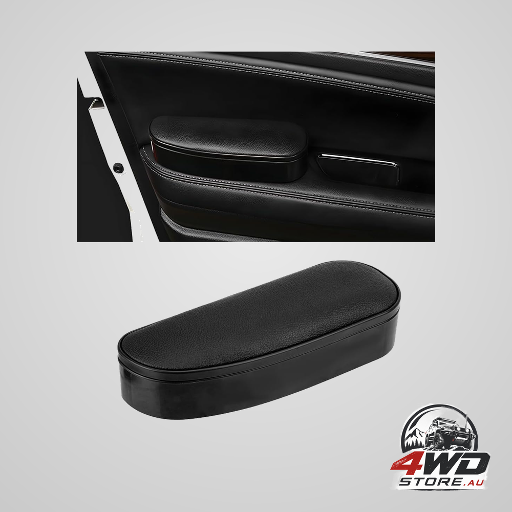 Leather adjustable car armrest support cover with left elbow pad and storage box in black