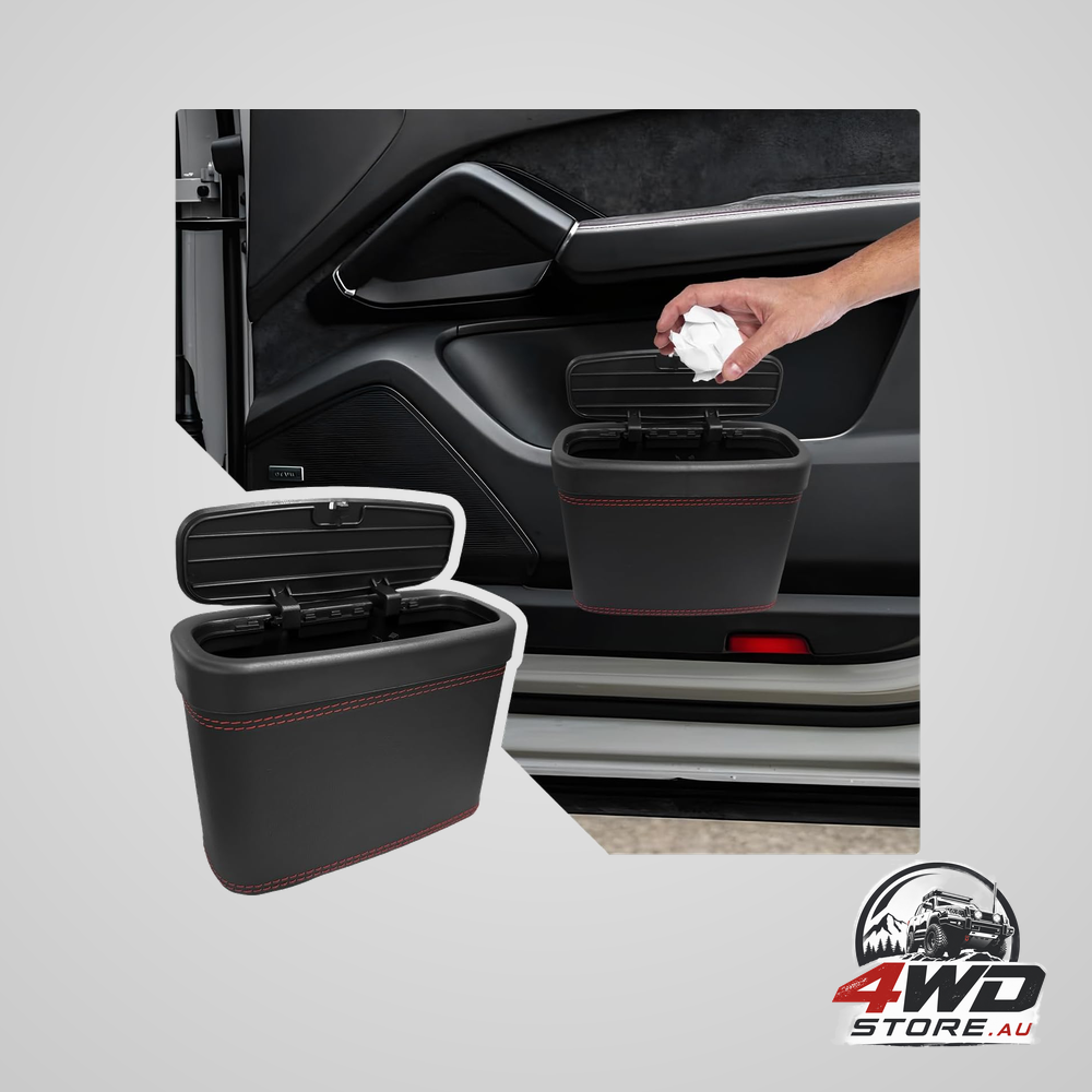 Leather car trash can with lid, hanging dustbin organiser with mounting clip in black