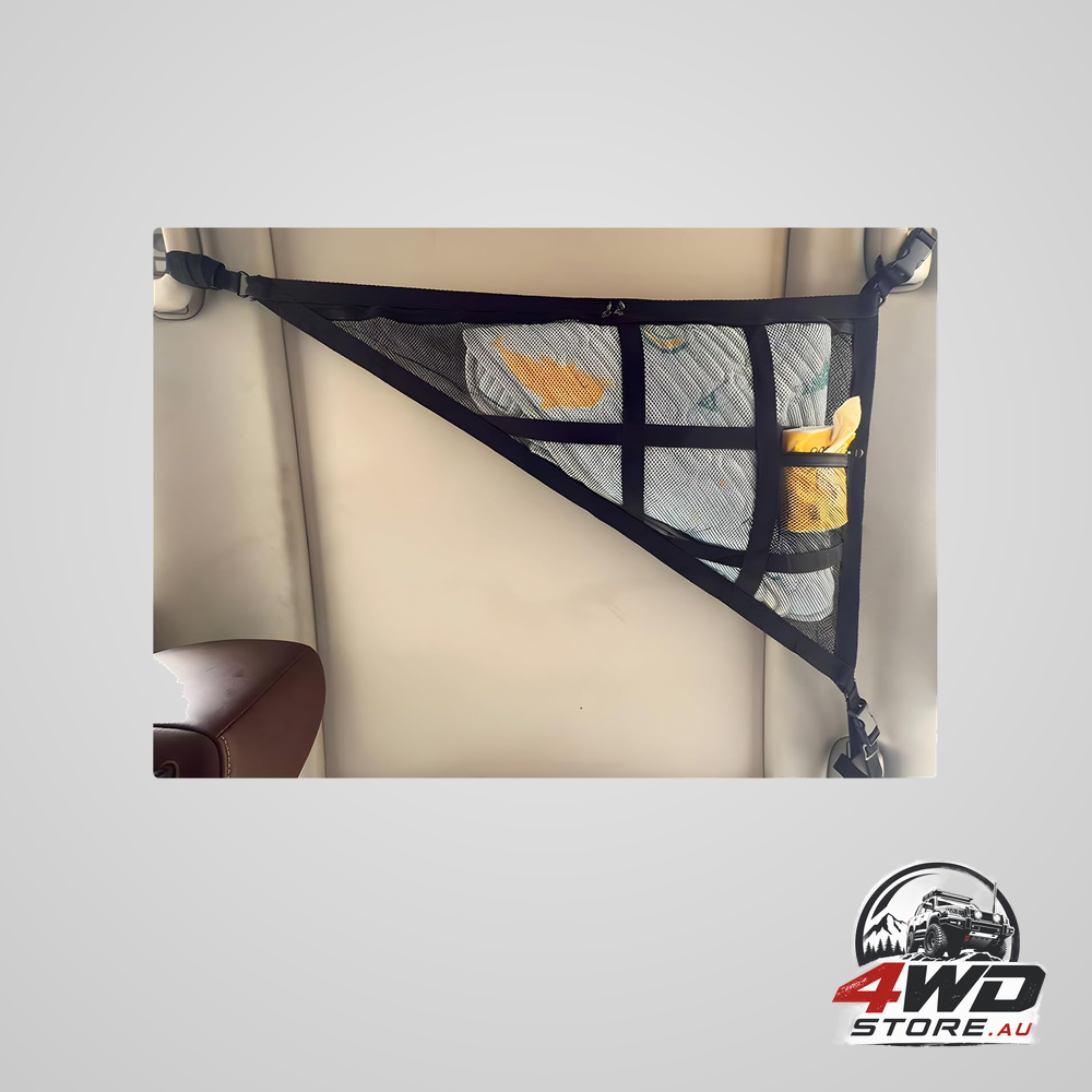 Car ceiling cargo net, 35.4 x 25.6 inch triangle double layer overhead storage mesh in black