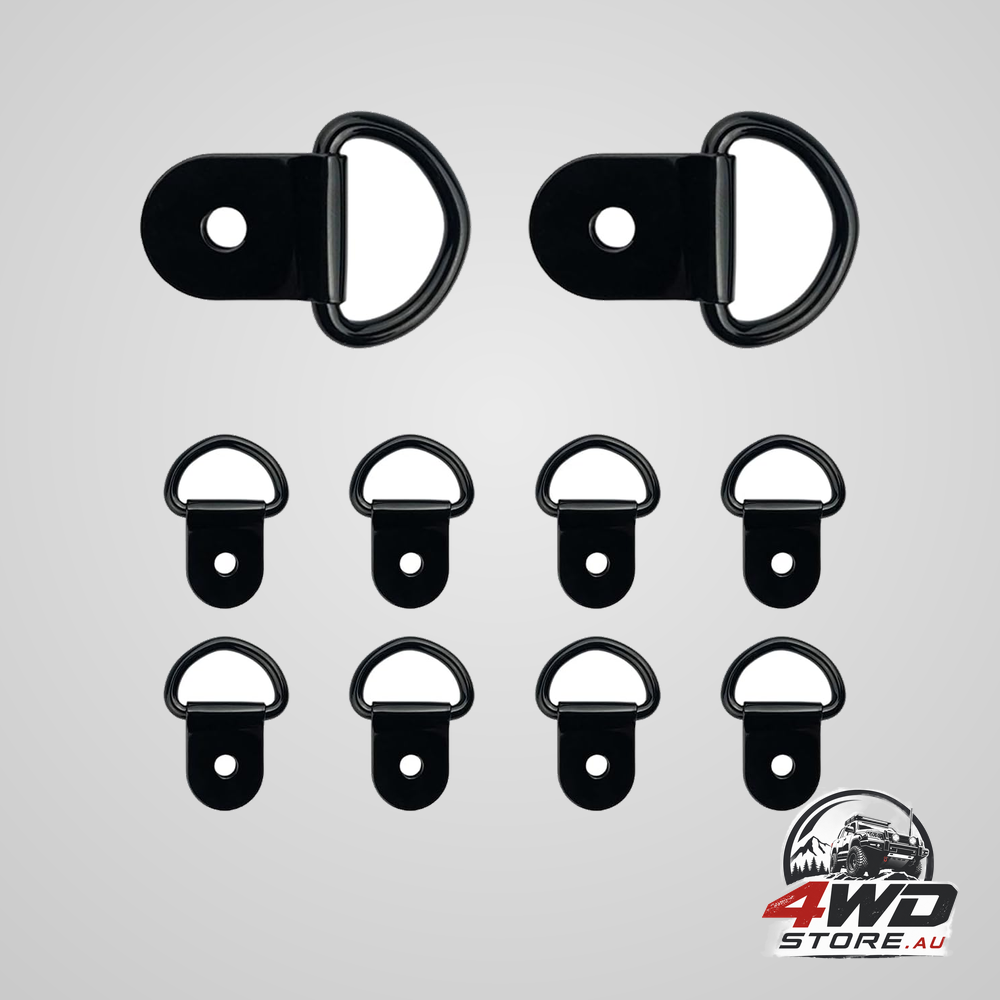 10 piece small steel D-ring tie downs, heavy duty anchor lashing rings for cargo in black