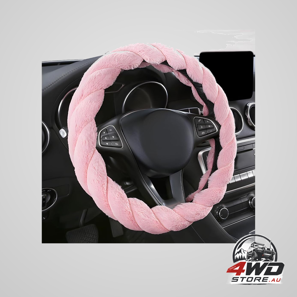 Fluffy 15 inch car steering wheel cover, anti-slip fuzzy winter protector in pink