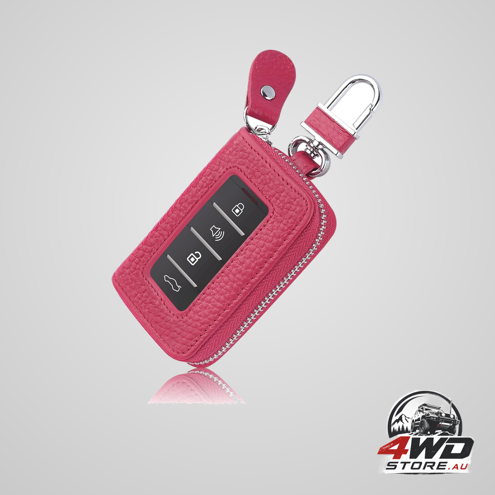 Genuine leather car key fob case with key ring and keychain in rose