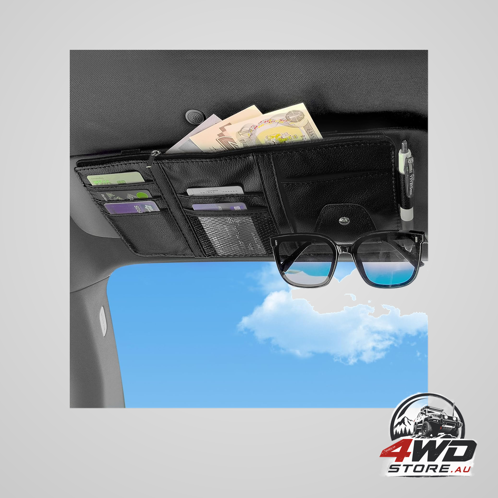 Car visor organiser with sunglass holder, multi-functional leather organiser with zipper in black