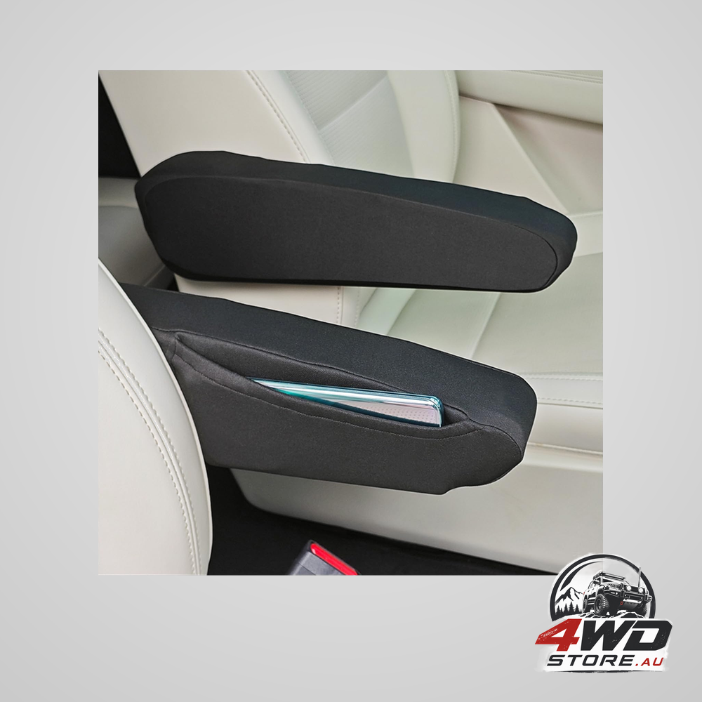 Car armrest cover with side pocket, breathable cloth fabric protectors in black, 2 pack