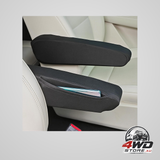 Car armrest cover with side pocket, breathable cloth fabric protectors in black, 2 pack