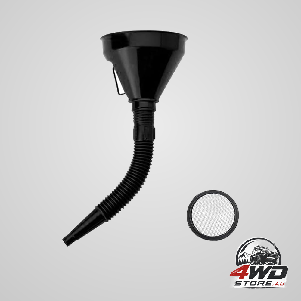 Wide mouth oil funnel with handle, flexible spout and mesh screen filter for engine oil and fuel