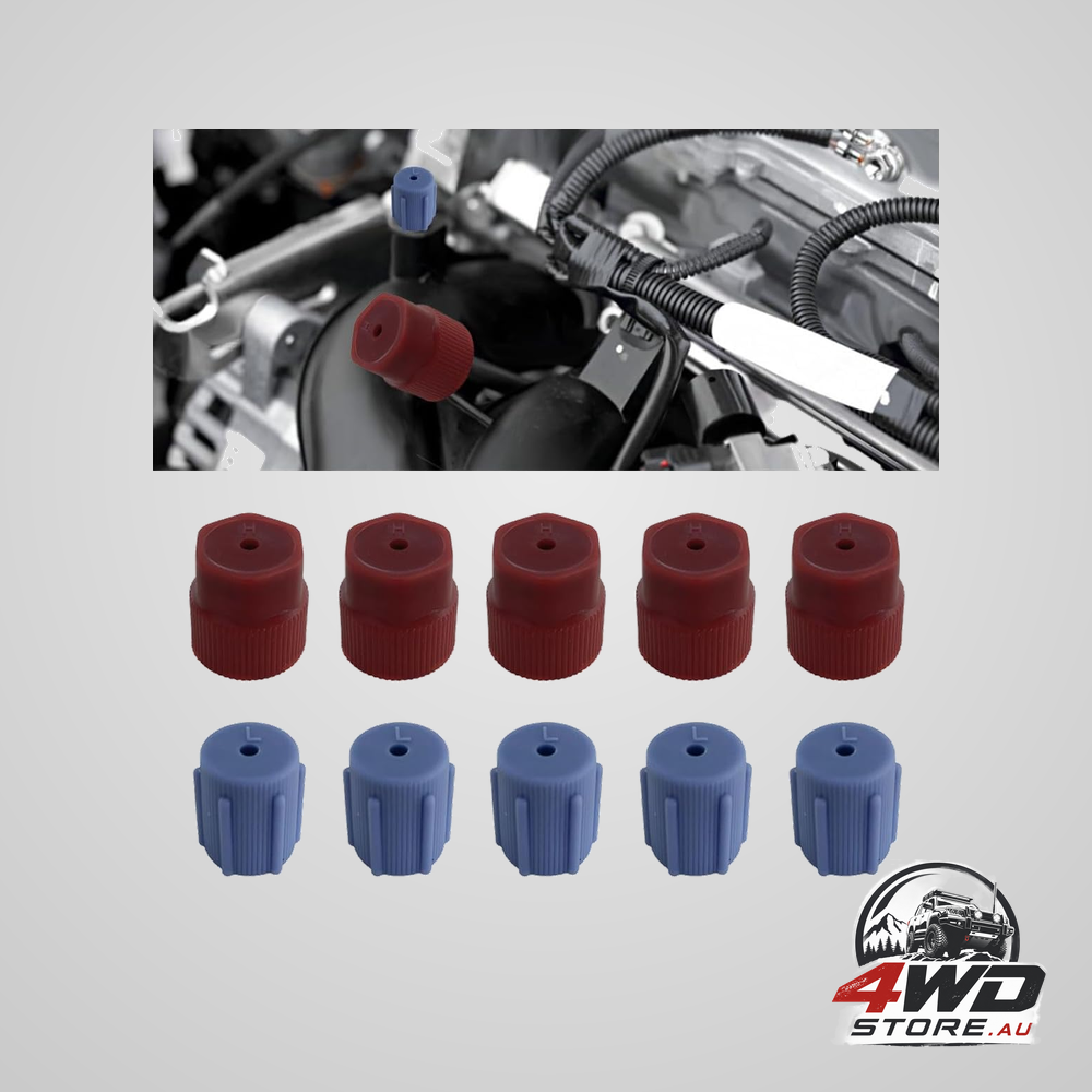 10 piece R134a AC charging port caps, 13mm and 16mm high and low side caps in red and blue