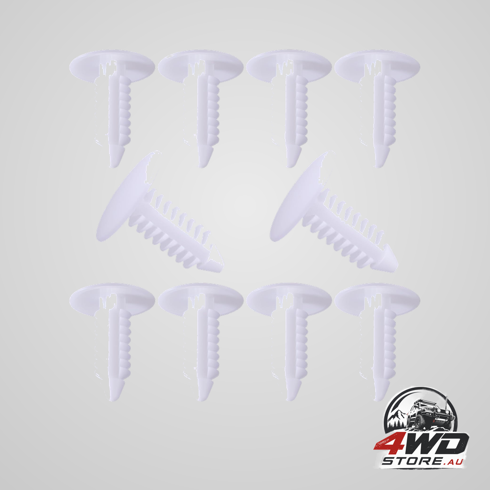 10 piece number plate hole plugs, 7.6mm bumper hole cover clips and push pin retainers in white