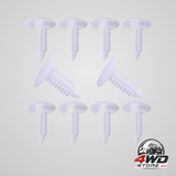 10 piece number plate hole plugs, 7.6mm bumper hole cover clips and push pin retainers in white