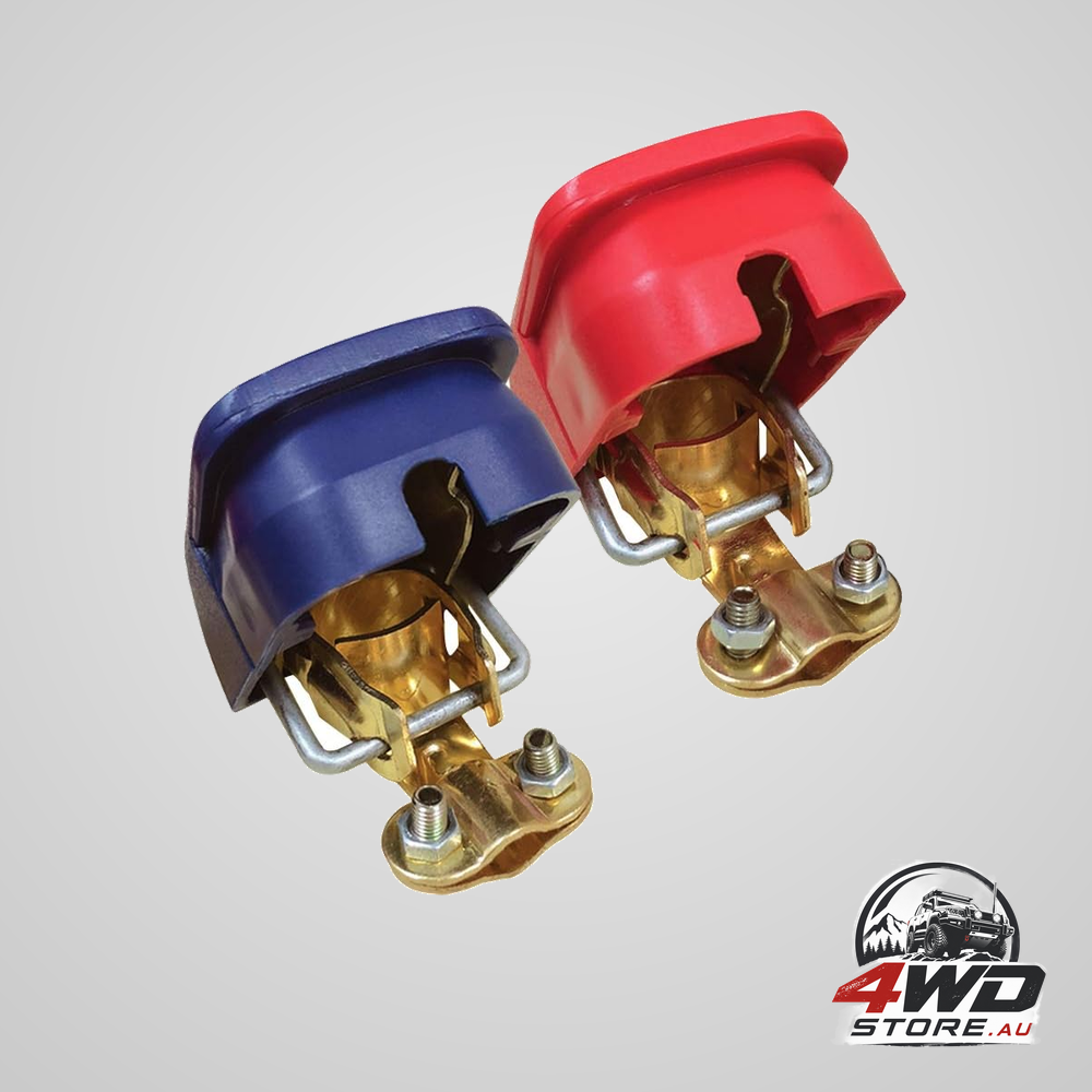 Quick release brass battery terminal clamps, top post terminals with red and blue cover, 1 pair