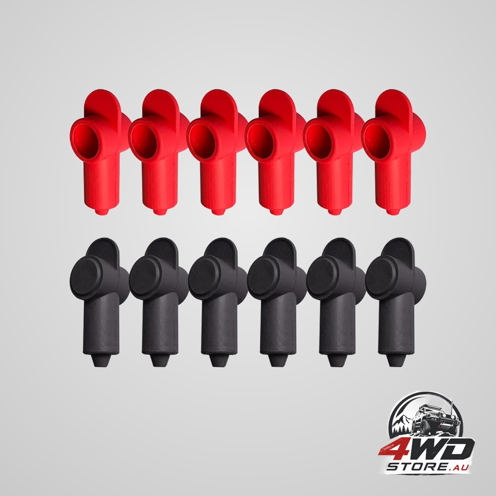 12 piece silicone stud terminal covers, 1/4 and 5/16 inch protector boots in red and black