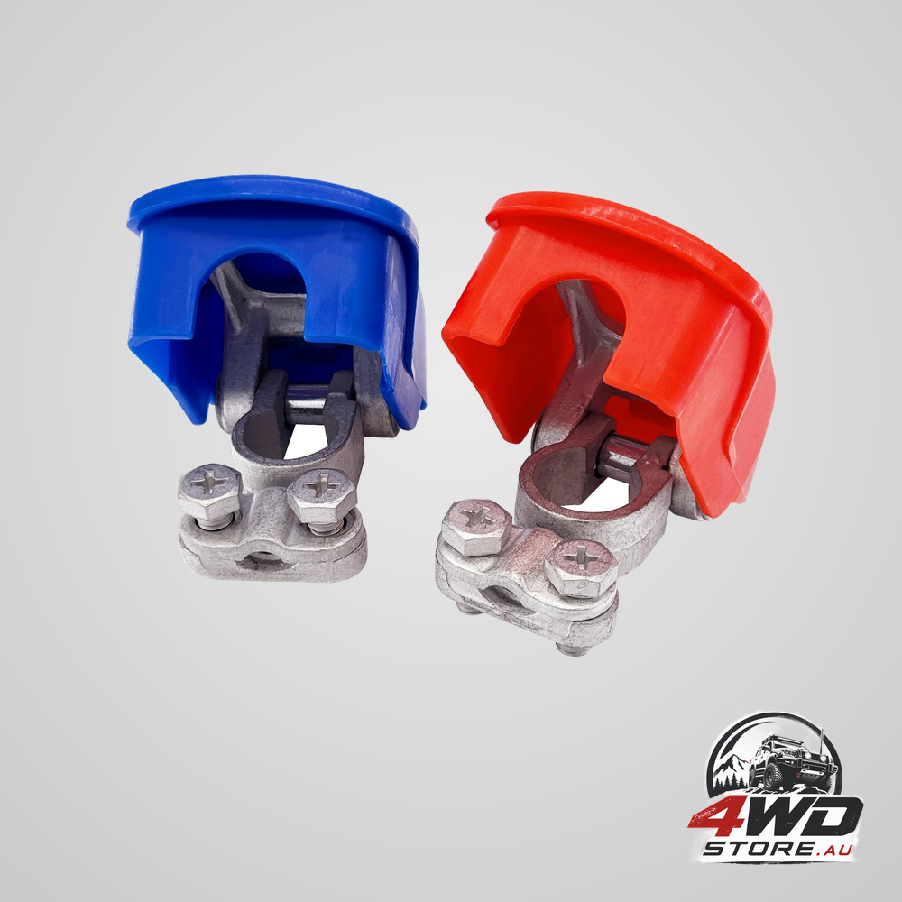 Brass heavy duty quick release top post battery terminal connectors with red and blue cover, 1 pair