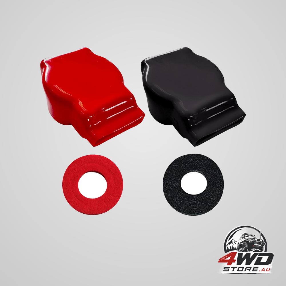 Top post flexible military spec battery terminal cover, clamp insulator with washers, 1 pair