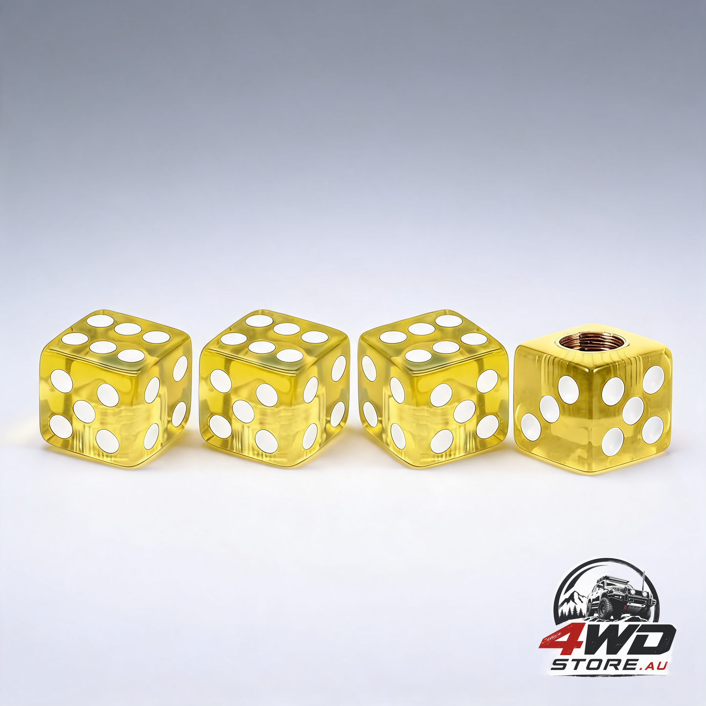 4 piece acrylic dice style tyre valve stem caps, dust proof covers with rubber ring in yellow