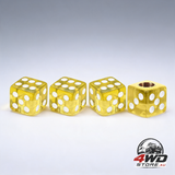 4 piece acrylic dice style tyre valve stem caps, dust proof covers with rubber ring in yellow