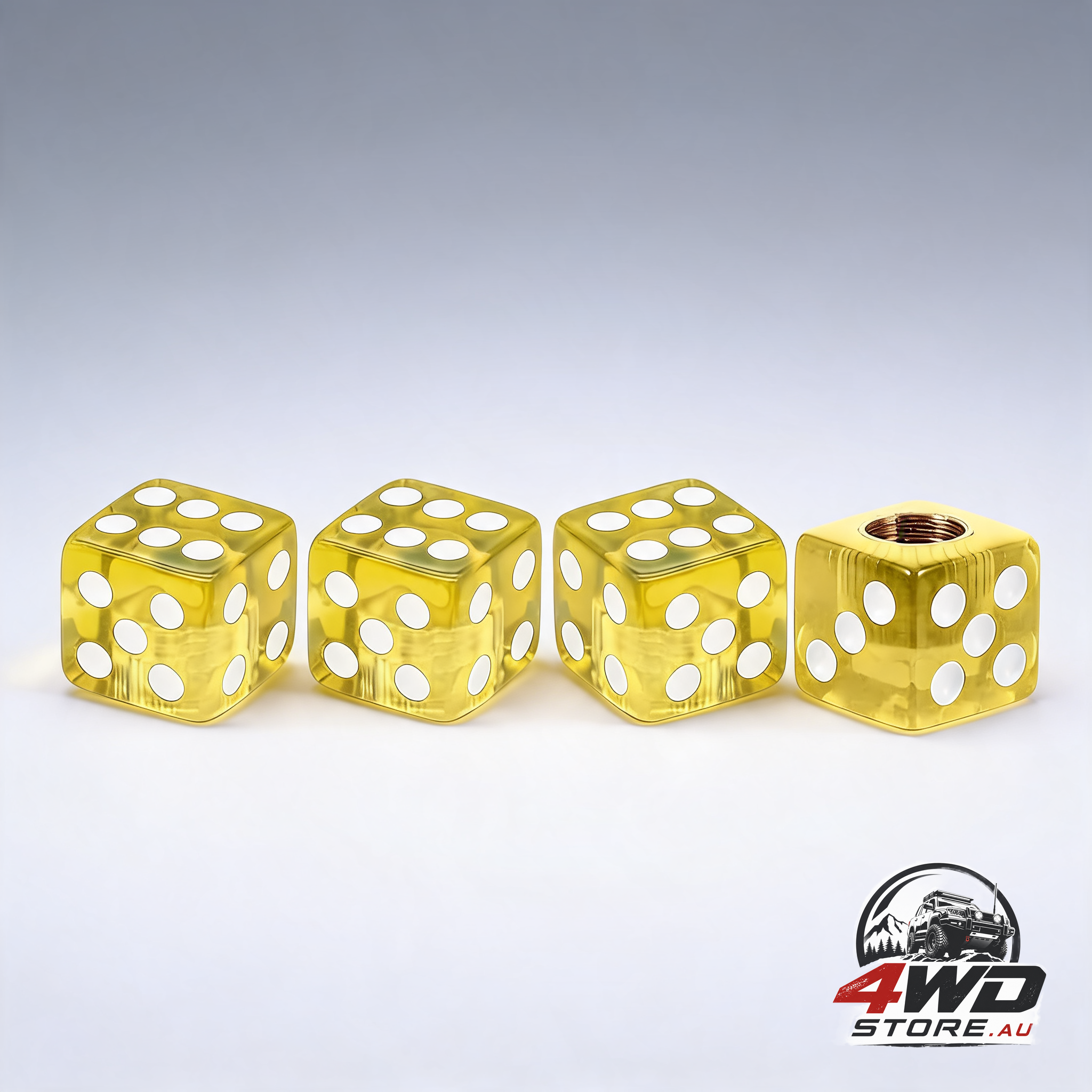 4 piece acrylic dice style tyre valve stem caps, dust proof covers with rubber ring in yellow