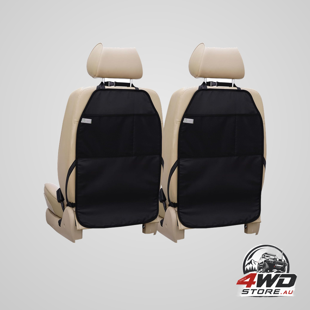 Car seat protector large kick mat, durable water resistant seat back cover with 2 mesh pockets, 2 pack