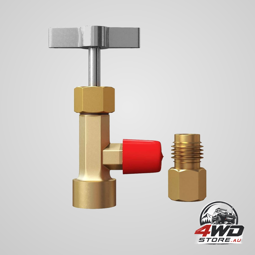 R134a AC can tap with tank adapter for 1/4 and 1/2 inch charging hoses, Acme female to SAE male