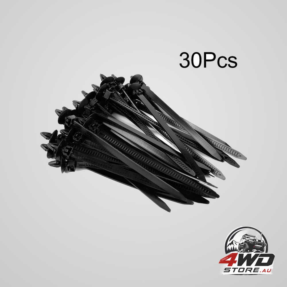 30 piece car cable ties with push mount wire tie retainer clips, black nylon fasteners