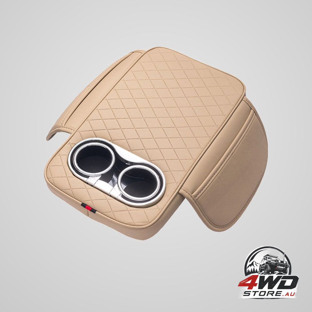 Car armrest cushion with 2 cup holders and side pocket, PU leather in beige
