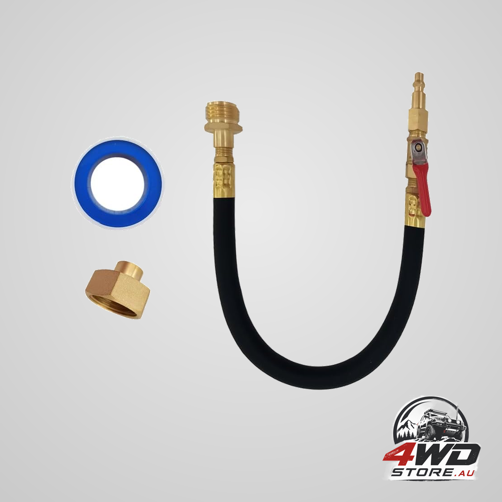 RV winterizing flush hose fitting kit with sprinkler blowout adapter and shut off valve