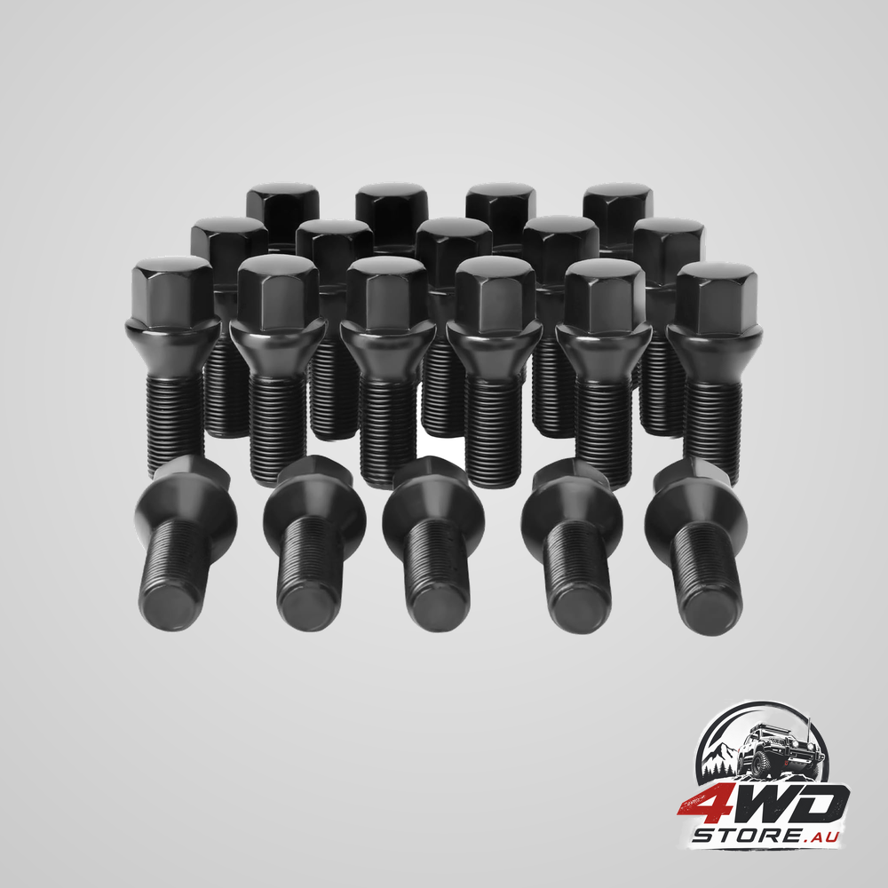 14x1.25 OEM lug bolts for BMW, black, 20 pack, 28mm shank, conical seat