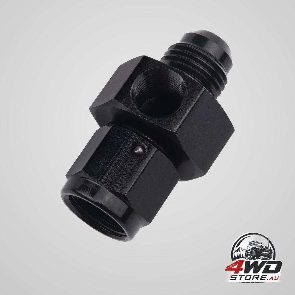 6AN male to 6AN female swivel adapter with 1/8 inch NPT gauge port, aluminium fuel fitting