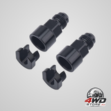 6AN male to 3/8 and 5/16 inch quick-disconnect female EFI fuel rail fitting, aluminium
