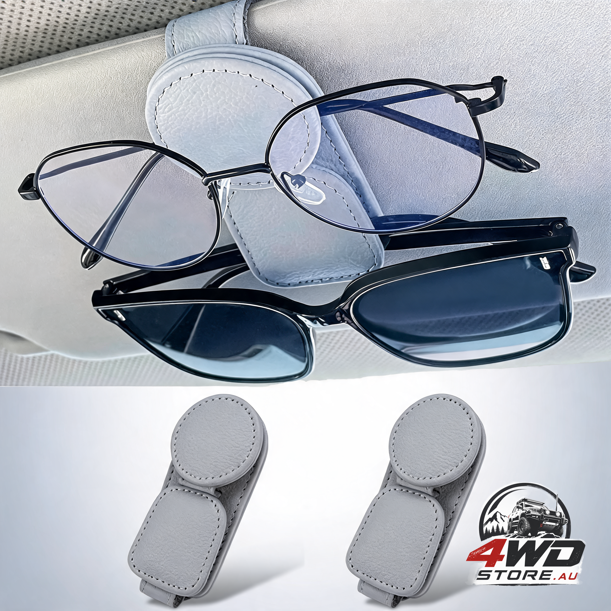 Magnetic leather sunglasses holder for car sun visor, glasses hanger clip, grey, 2 pack