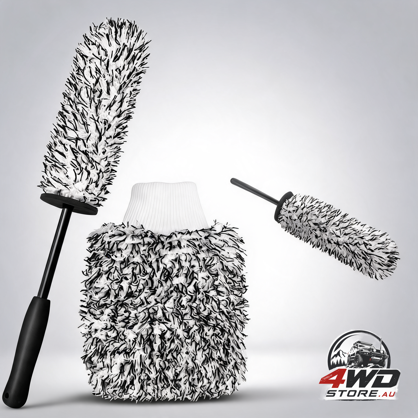 Car wheel rim brush with wash glove, microfiber tyre and rim cleaner, black
