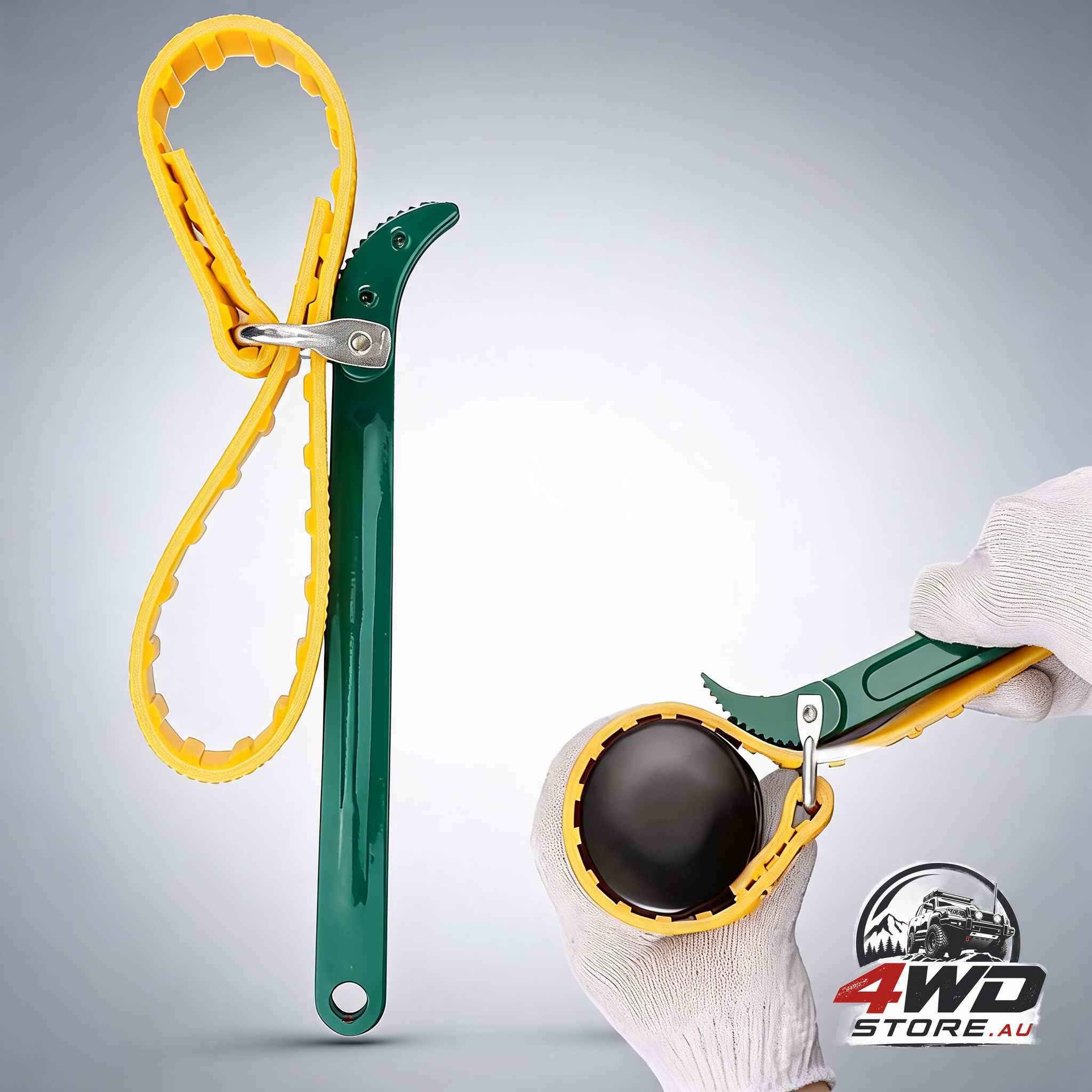 Strap wrench oil filter wrench, swivel anti-slip strap, max 130mm diameter, green