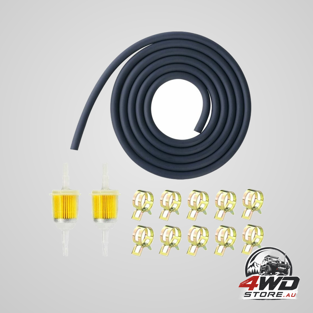 Inline gasoline fuel filter set with 5mm and 8mm, 2m fuel hose and clamps, 13 piece