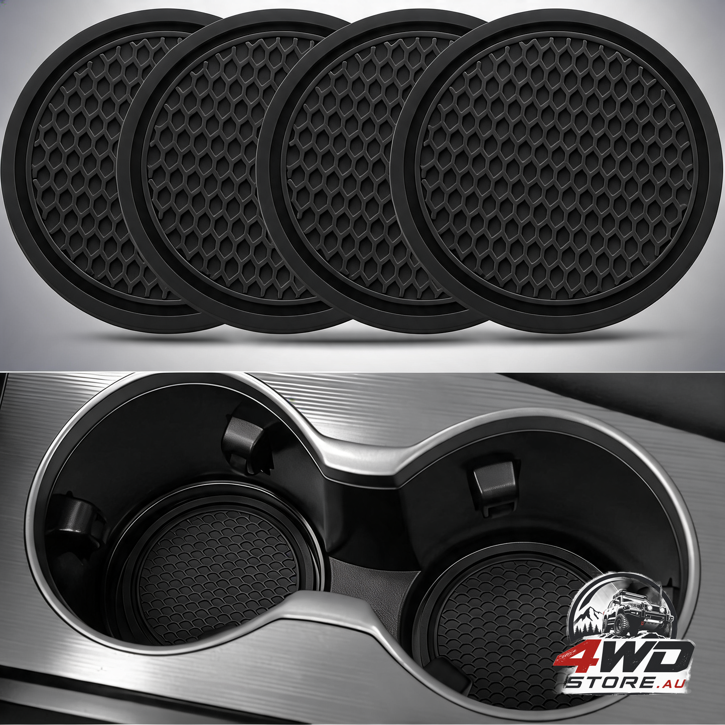 Car coasters, universal non-slip drink holder with built-in decoration, black, 4 pack