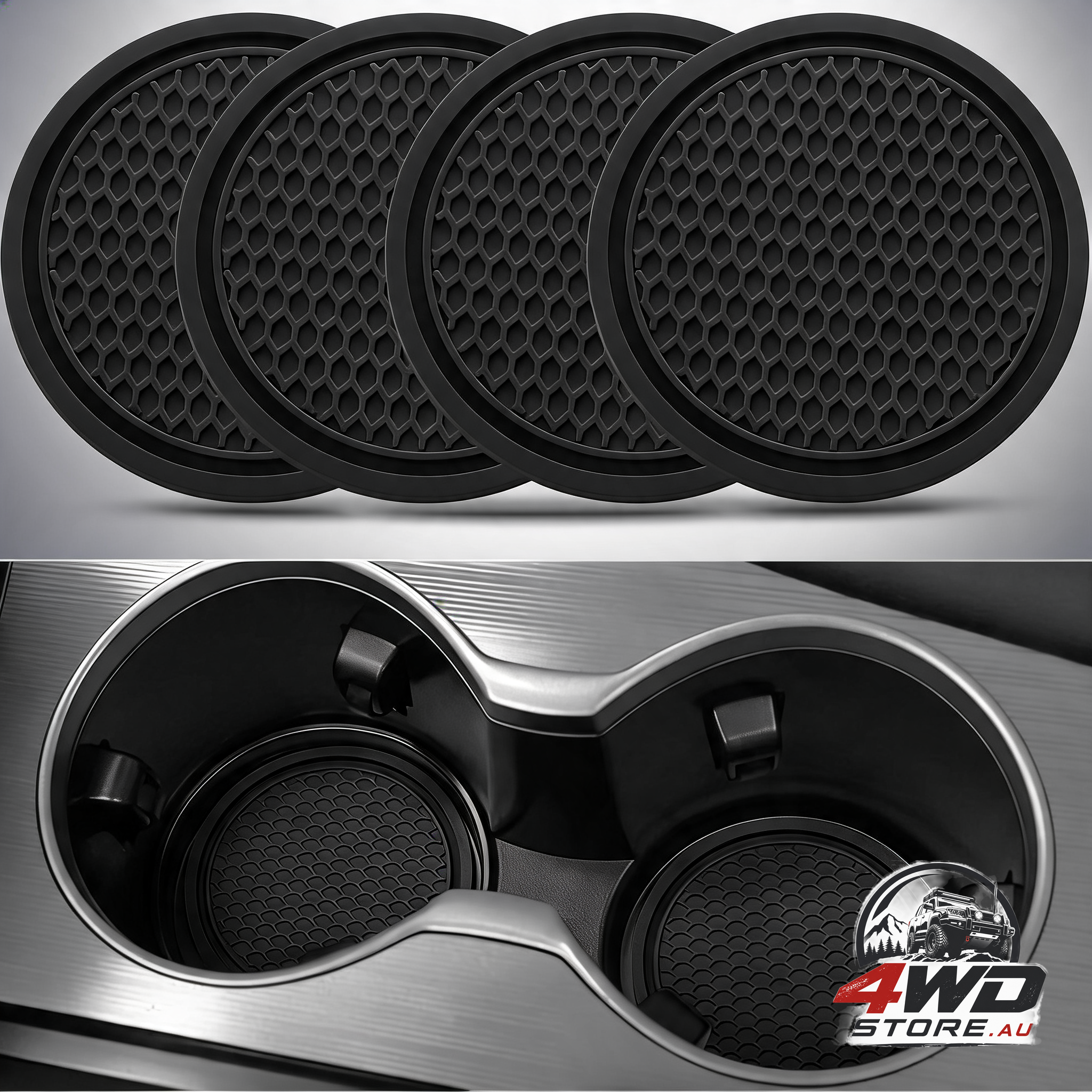 Car coasters, universal non-slip drink holder with built-in decoration, black, 4 pack