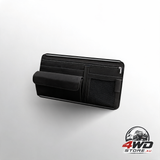 Faux suede car sun visor organiser with spring strap, eyewear case and card holder