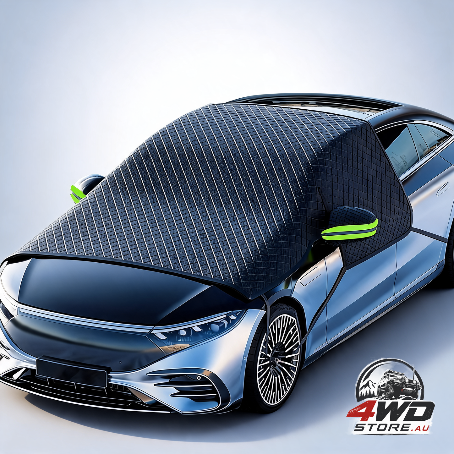 Frost-resistant windshield cover with door handles, foldable, protects against snow and ice