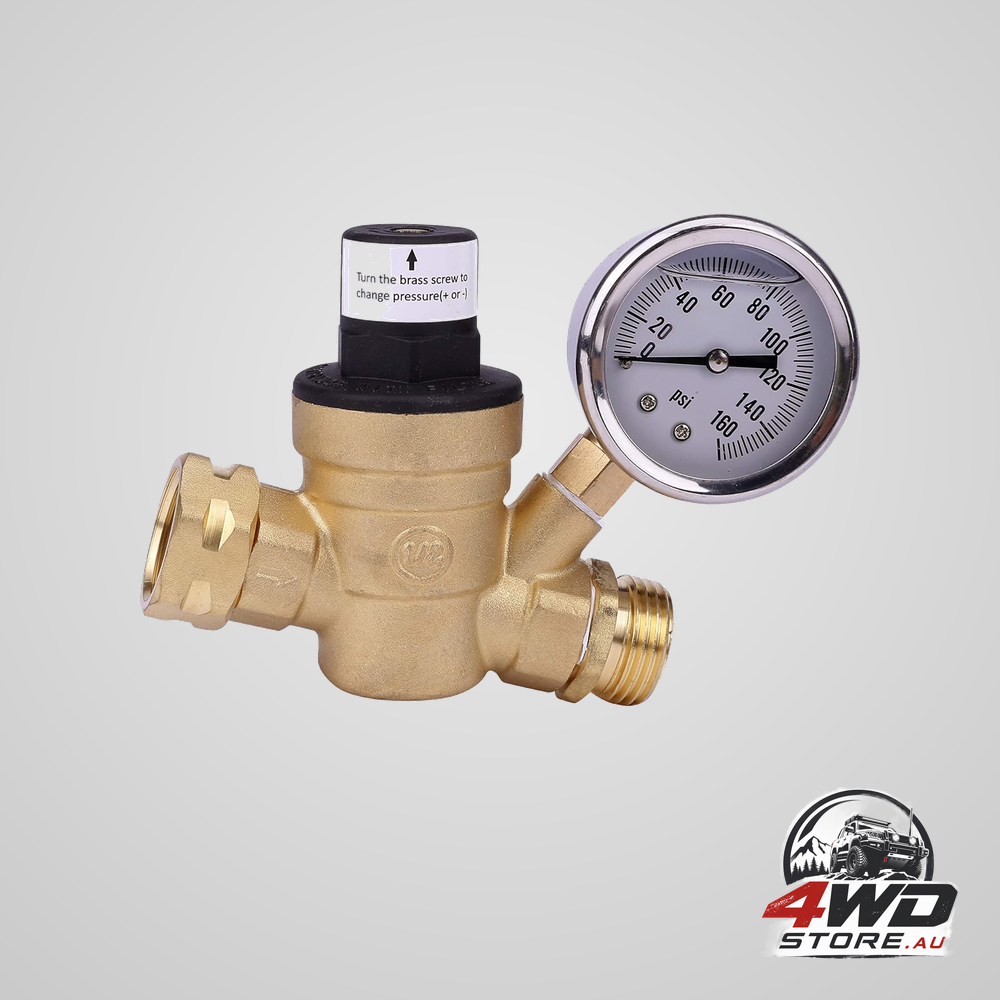 RV water pressure regulator with gauge, adjustable 3/4 inch hose valve for campers and trucks