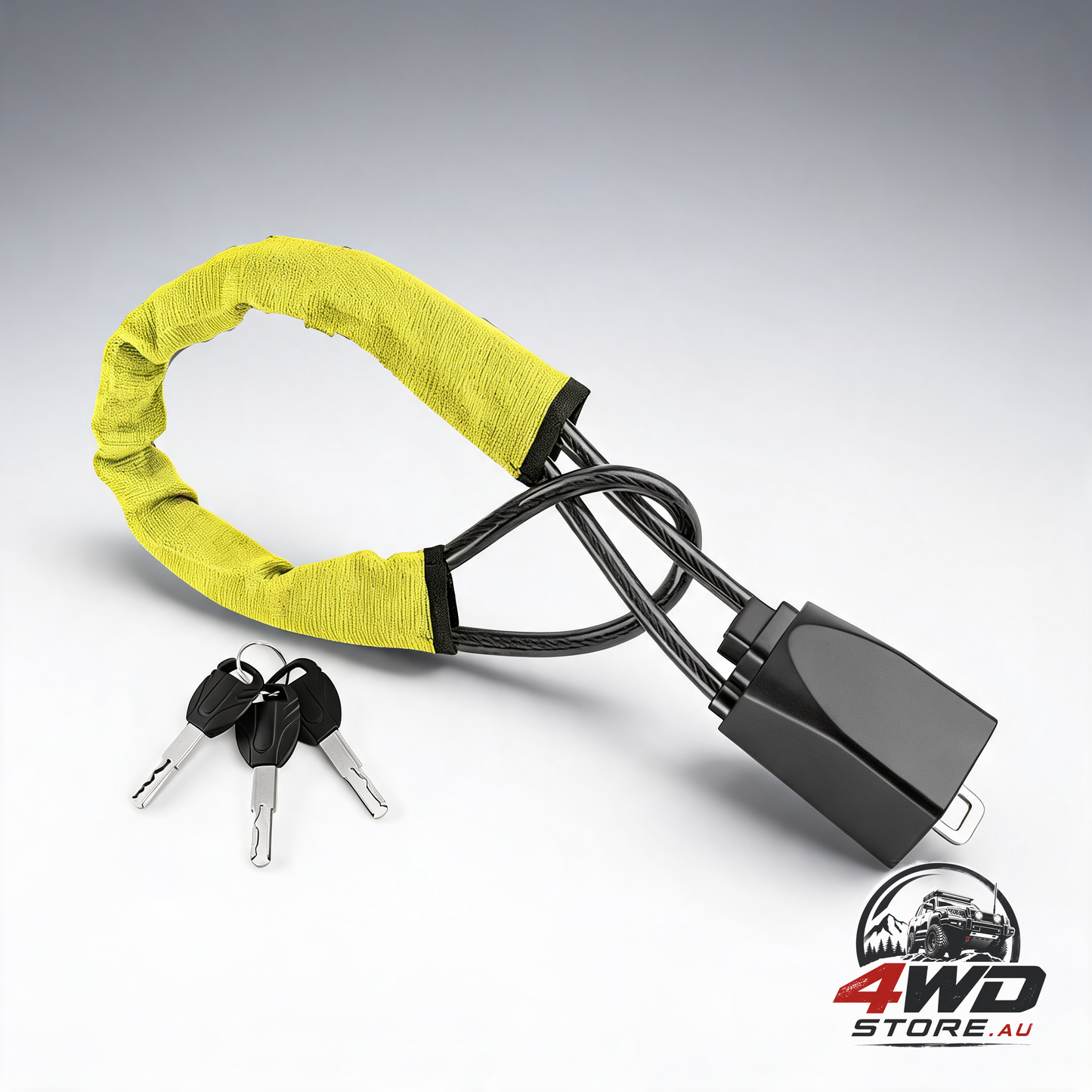 Universal steering wheel belt lock, anti-theft device with 3 keys, yellow