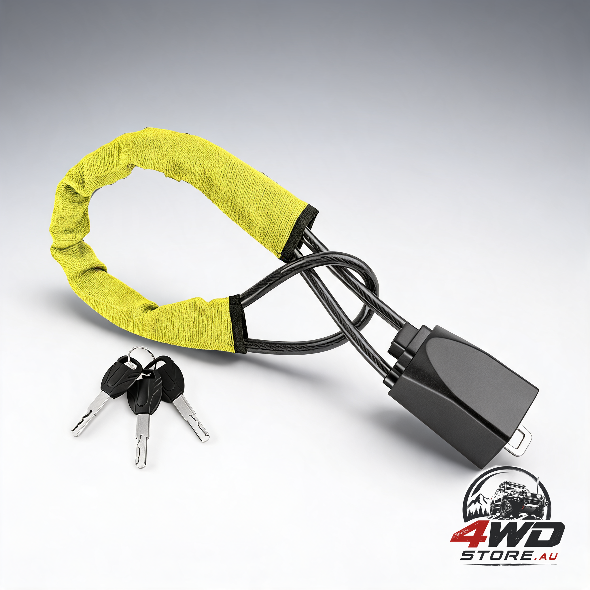 Universal steering wheel belt lock, anti-theft device with 3 keys, yellow