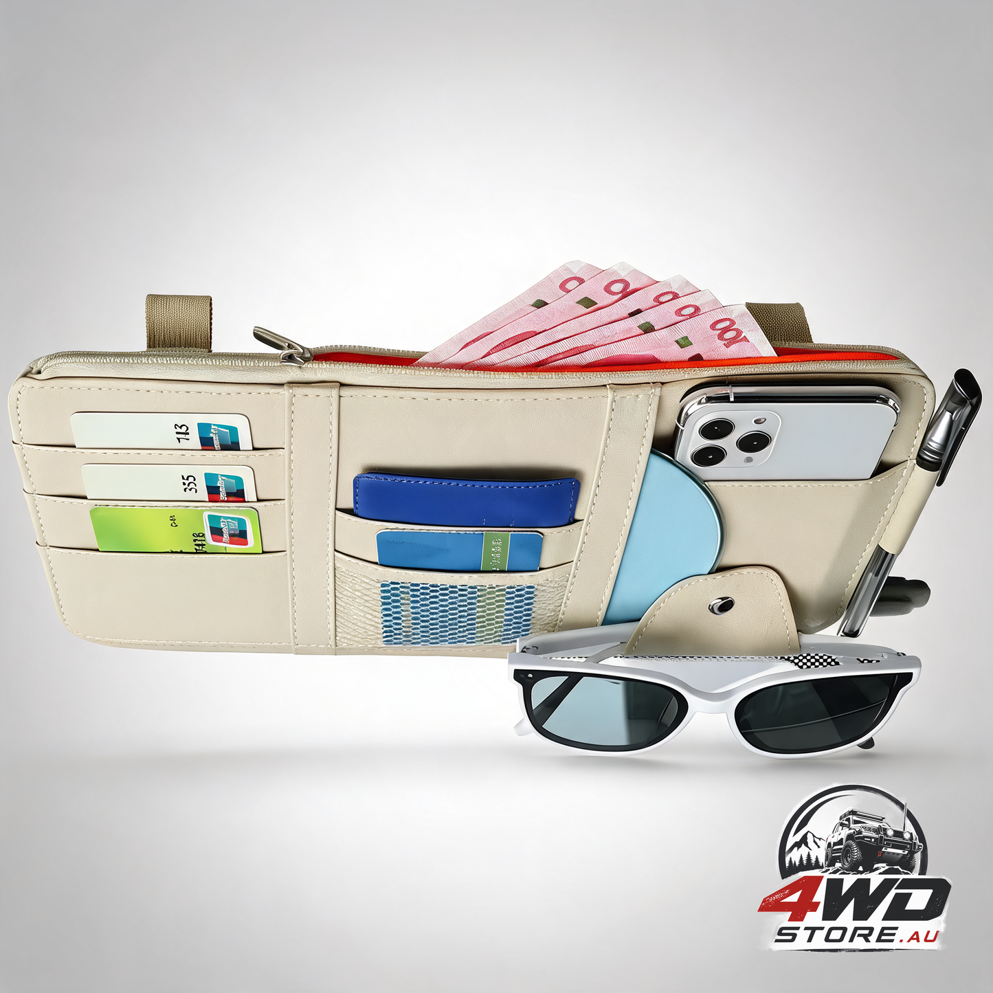 Premium leather car sun visor organiser, zippered storage pouch with card and eyewear clip