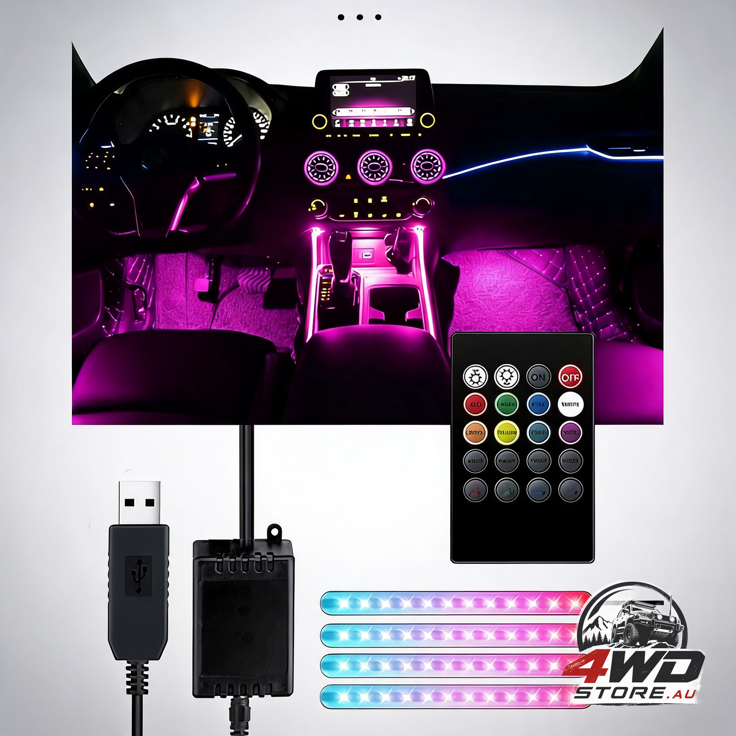 Car interior LED lights - car lamp, 48 LED car strip with wireless remote control, upgraded waterproof