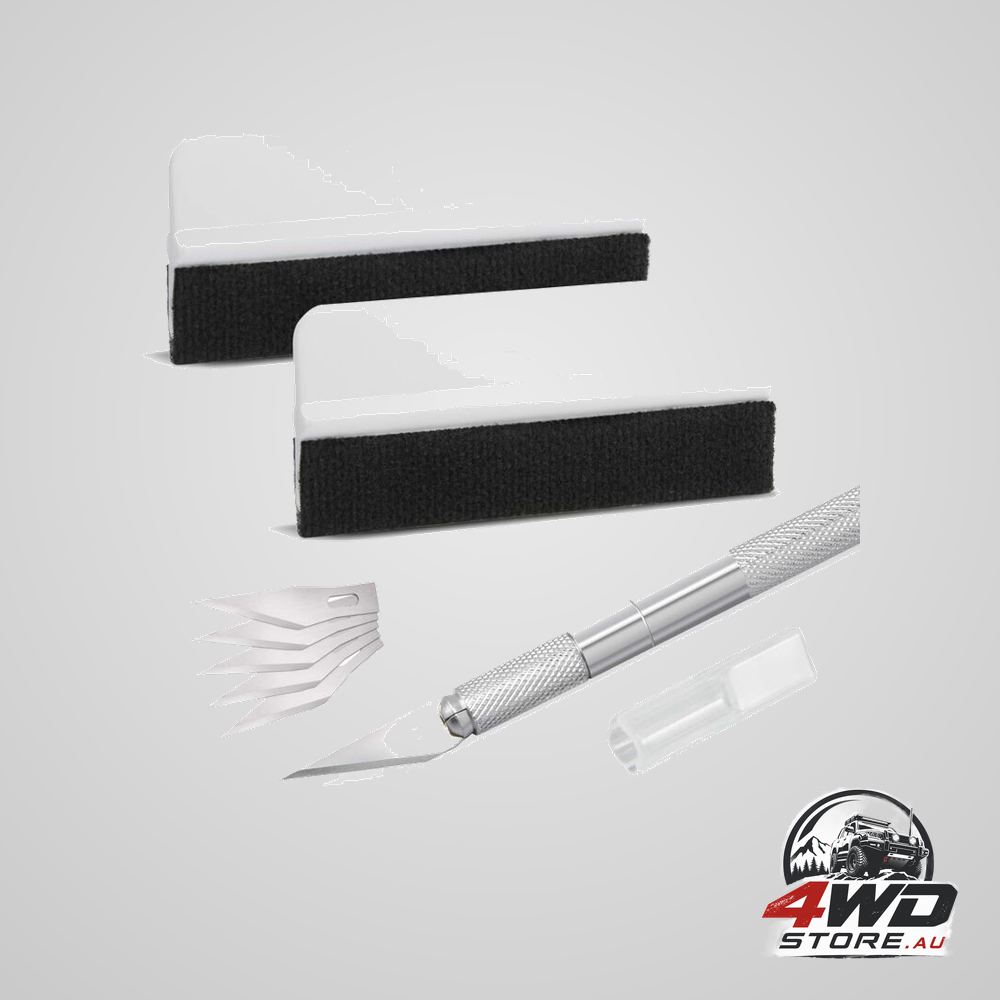 Car accessories squeegee kit, with felt hobby knife for application or scraping cutter and plastic