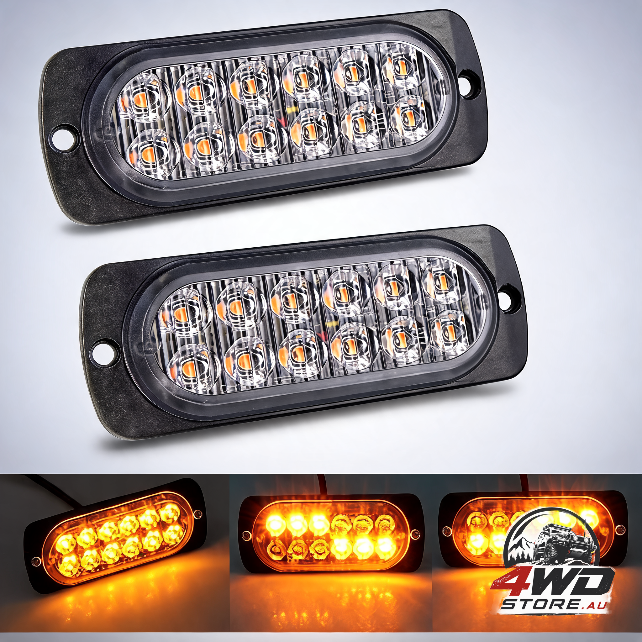 2 Pcs 12 LED amber strobe brake light, 12V 24V LED bar for offroad vehicle car van boat trailer caravan, 3000K