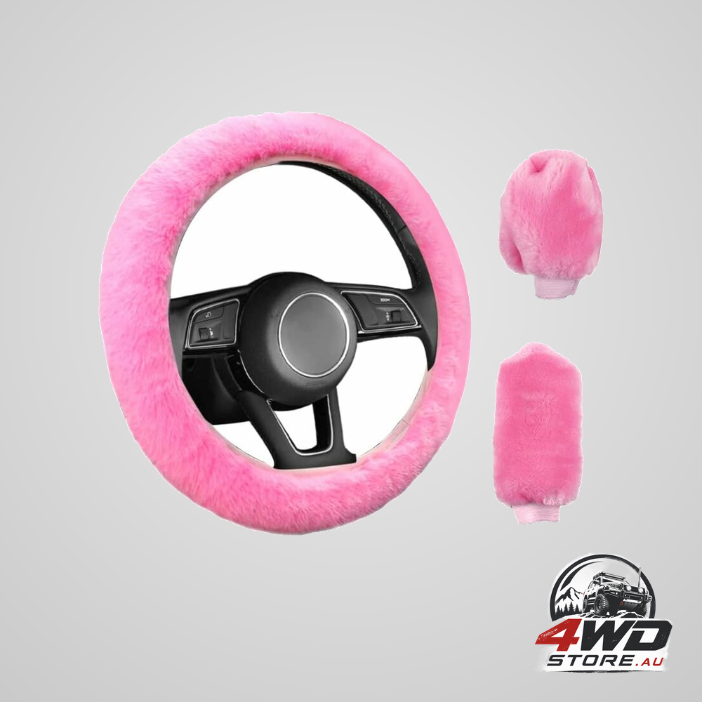 3 Pcs car steering wheel cover Anti-Slip elastic pink plush universal car with handbrake and gear