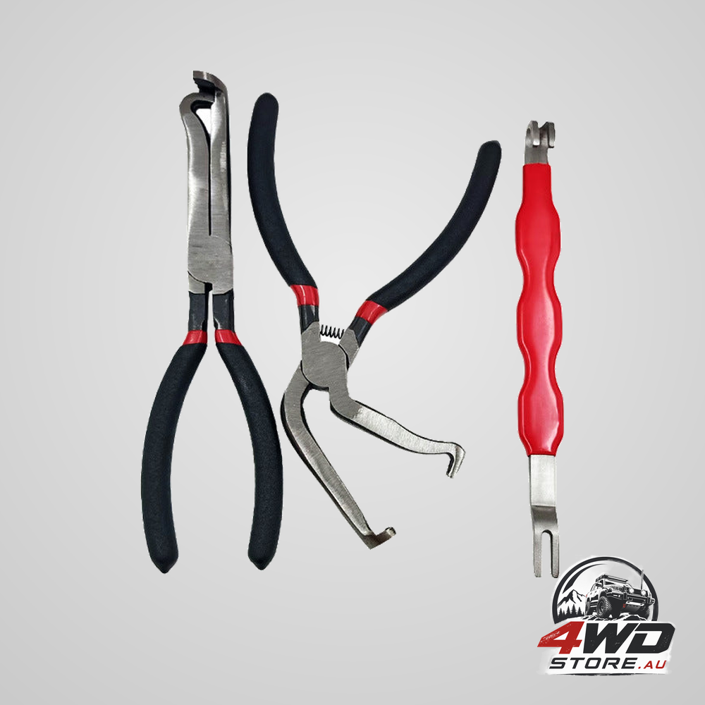 3 piece automotive wire connector removal tool set with straight, bent and dual end pliers