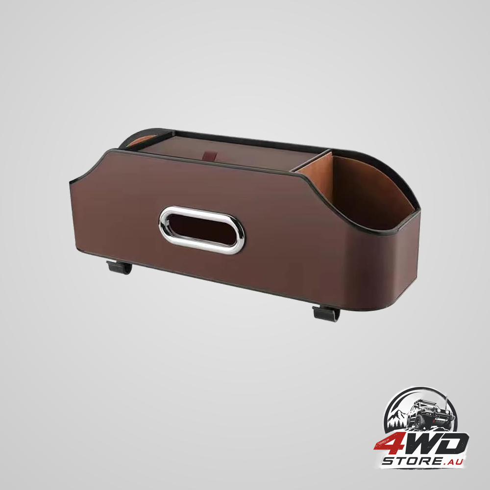 Brown PU leather car tissue box with 2 cup holders and hook, waterproof and wear-resistant