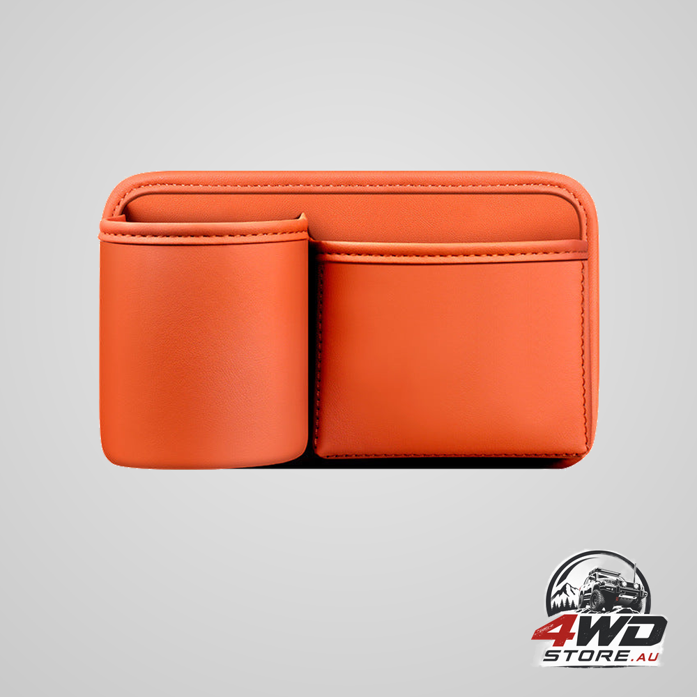Orange leather back seat bottle holder for campers and trucks