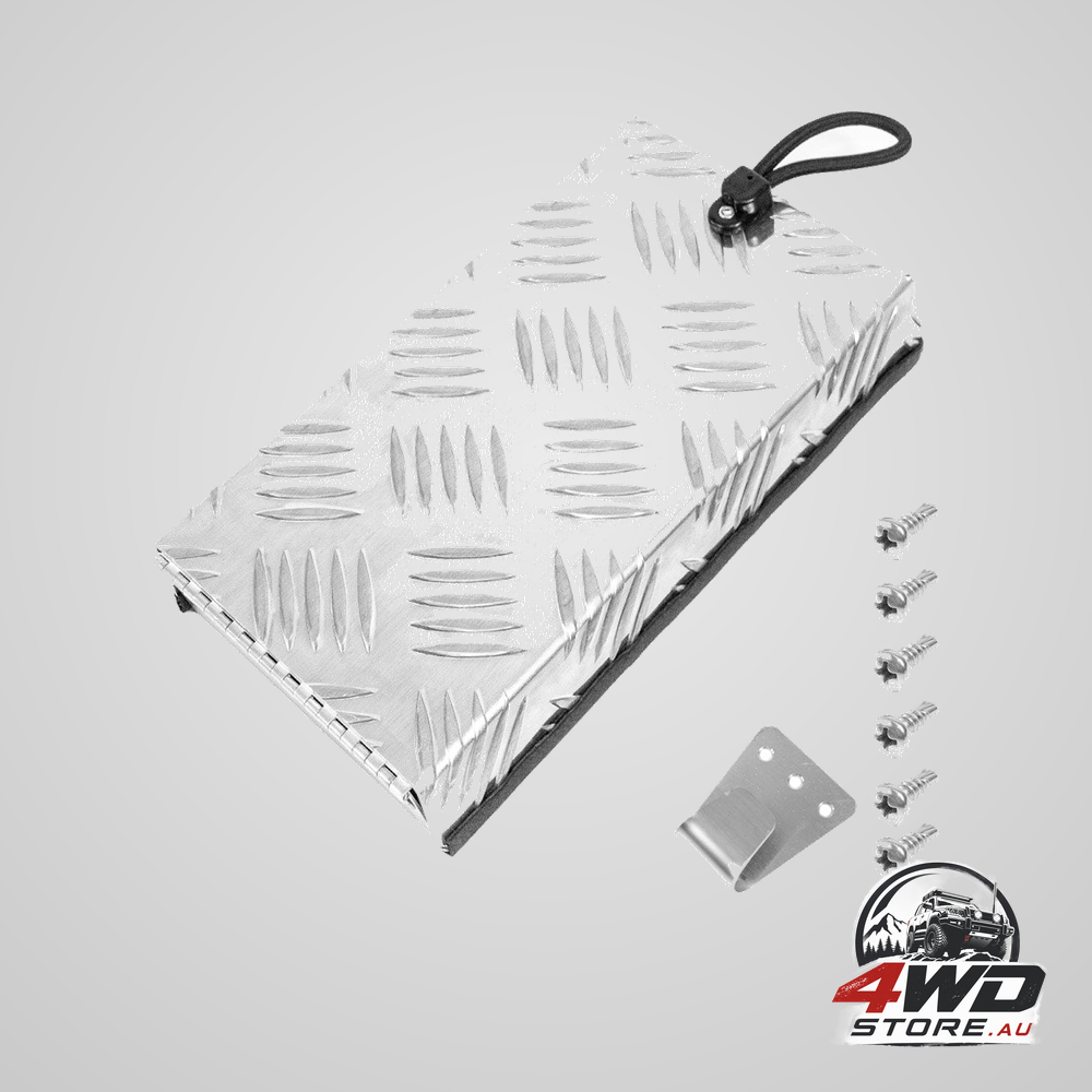 Silver aluminium checker plate cowl cover for Truma water heater flue vent, 27x15x4cm
