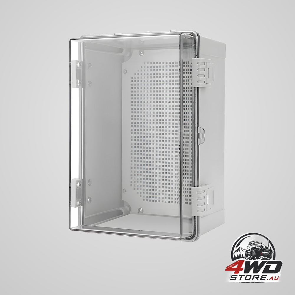IP66 waterproof ABS junction box enclosure with clear hinged cover and mounting plate, 30x20x17cm