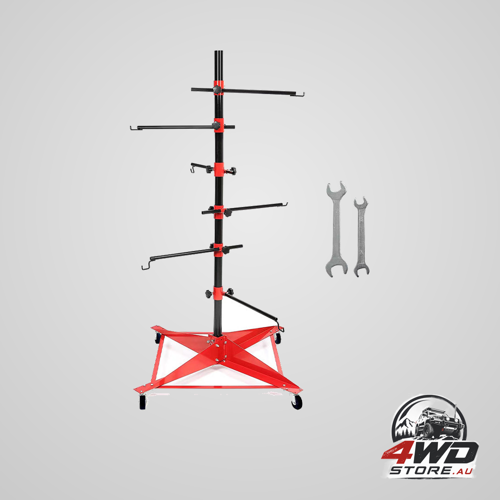Universal rotating auto paint panel stand with 4 wheels and 6 hooks for doors, fenders and bumpers